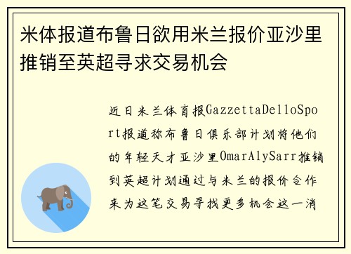 米体报道布鲁日欲用米兰报价亚沙里推销至英超寻求交易机会