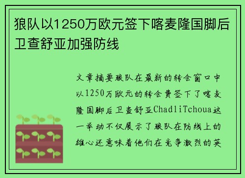 狼队以1250万欧元签下喀麦隆国脚后卫查舒亚加强防线